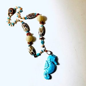 Handmade Sweet Aqua Coral Seahorse Tropical Statement Necklace